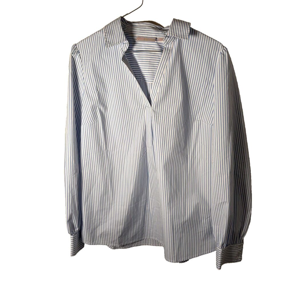 Kim Gravel Blouse Women's Small Blue Striped V-Neck Collared Long Sleeve Shirt